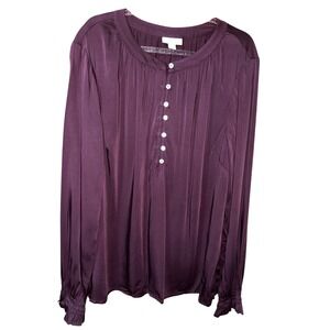 J.Jill Womens Long Sleeve Satin Spice Wine Blouse Purple Henley Smocked Cuff S